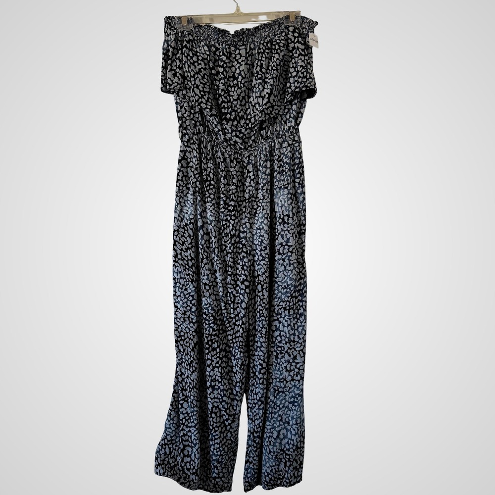 LE LIS Blue White Abstract Print Off Shoulder Belted Jumpsuit Wide Leg Med Flowy